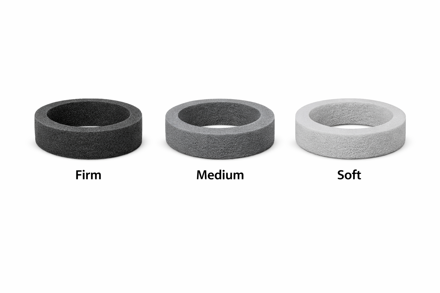 Three RC foam tyre inserts displayed side by side — firm dark‑gray insert with dense structure, medium gray insert with moderate flexibility, and soft light‑gray insert showing visible compression.