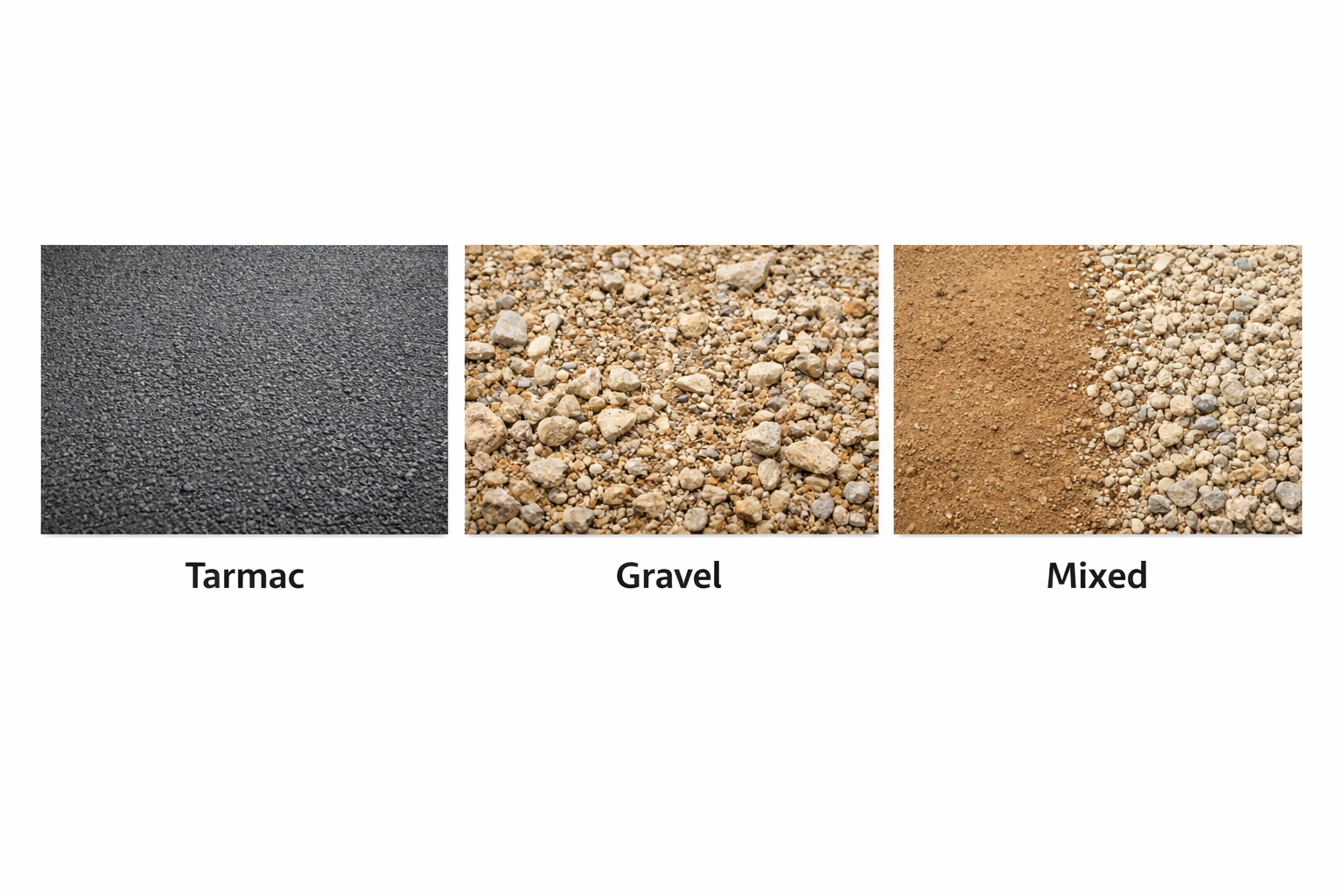 Three RC rally surfaces shown side by side — dark asphalt tarmac with fine texture, light‑brown gravel with small stones and dust, and mixed surface blending compacted dirt with scattered gravel.