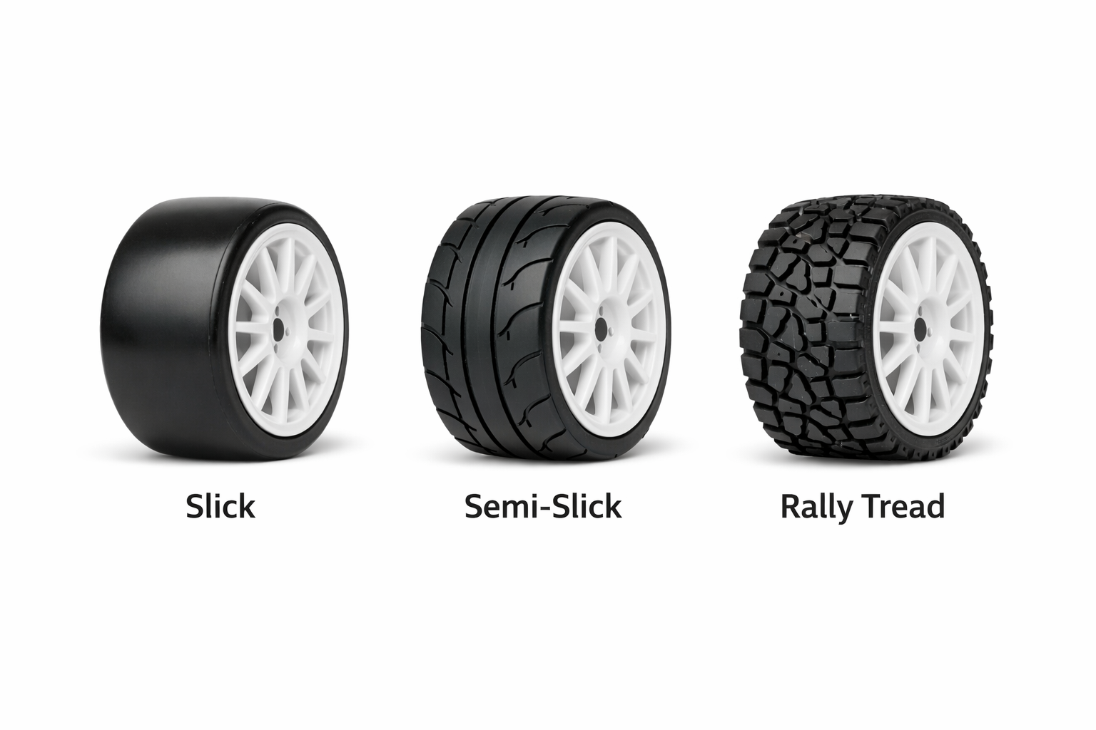 Three RC car tyres side by side on white background — slick tyre with smooth treadless surface, semi‑slick tyre with shallow grooves, and rally tread tyre with deep block pattern, each mounted on white multi‑spoke wheels.